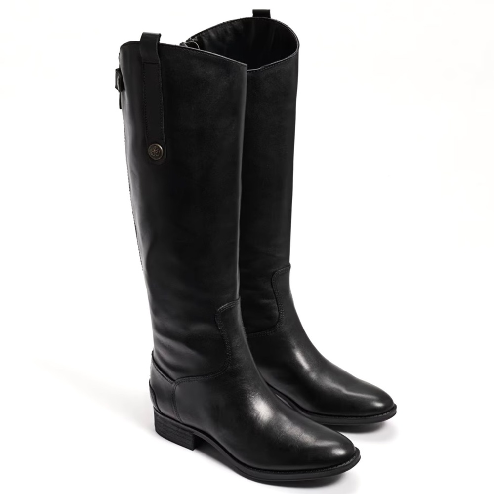 Sam Edelman Penny Knee-High Black Leather Riding Boots Block Heel Almond Toe - Picture 2 of 16